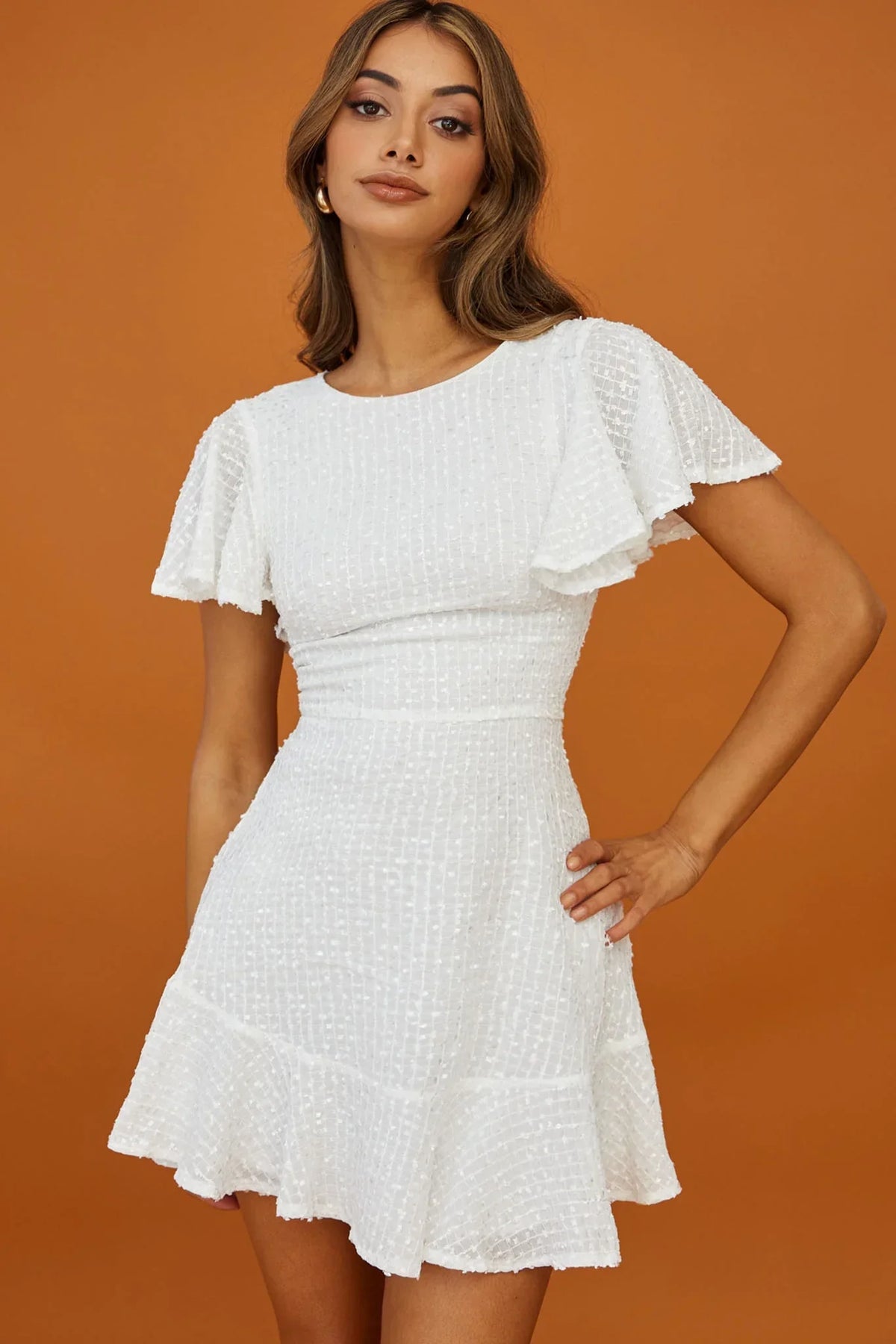 Flutter Sleeve Sequin Tweed Empire White Mini Dress
