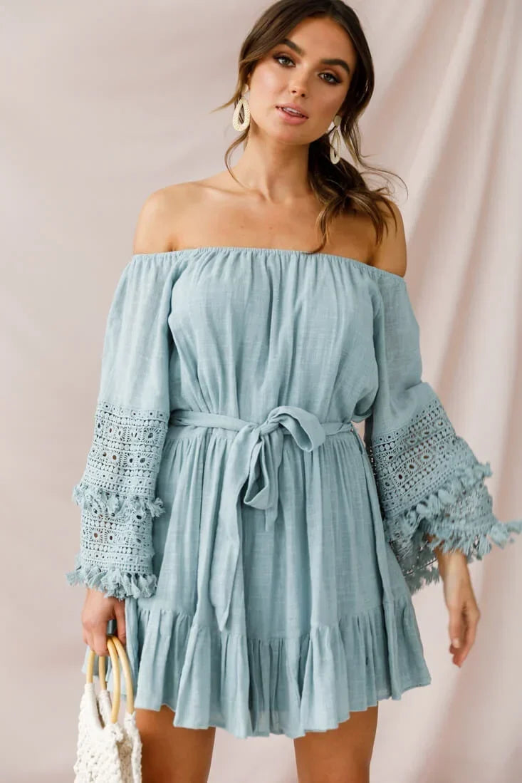 Off Shoulder Bell Sleeve Crochet Trim Tie Waist Sage Mini Dress
