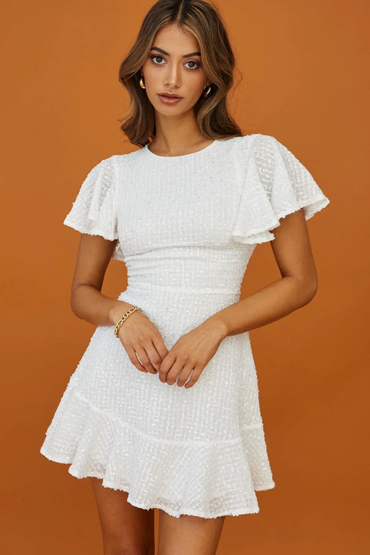 Flutter Sleeve Sequin Tweed Empire White Mini Dress