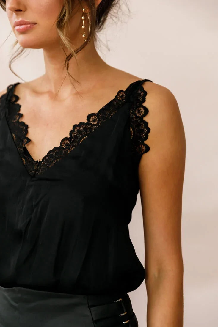 Spaghetti Strap Lace Trim V Neck Black Camisole