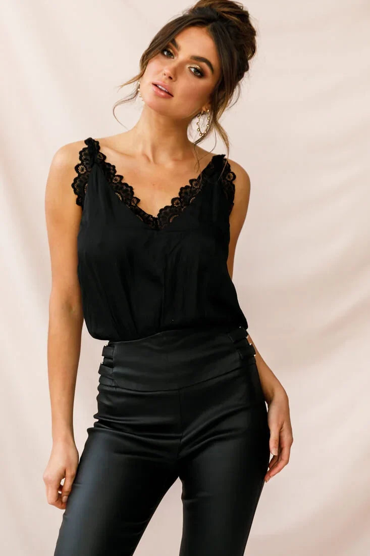 Spaghetti Strap Lace Trim V Neck Black Camisole