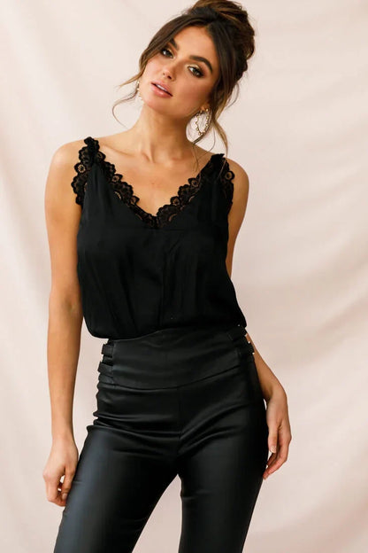 Spaghetti Strap Lace Trim V Neck Black Camisole