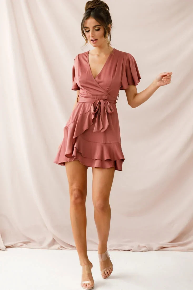 V Neck Flutter Sleeve Faux Wrap Tie Waist Rose Mini Dress