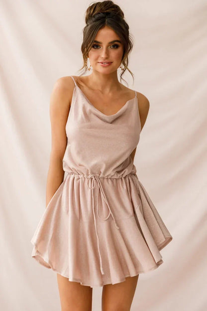 Spaghetti Strap Cowl Neck Drawstring Flared Champagne Mini Dress
