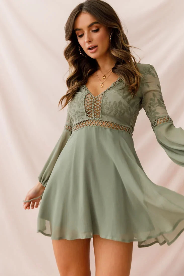 Plunge Long Sleeve Crochet Trim Flared Olive Mini Dress