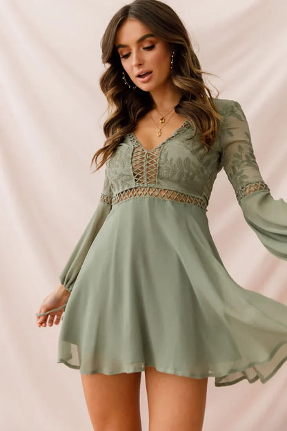 Plunge Long Sleeve Crochet Trim Flared Olive Mini Dress