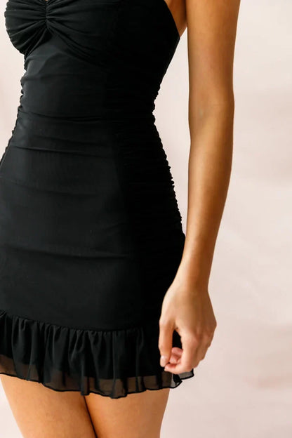 Spaghetti Strap Sweetheart Ruched Mesh Ruffle Black Mini Dress