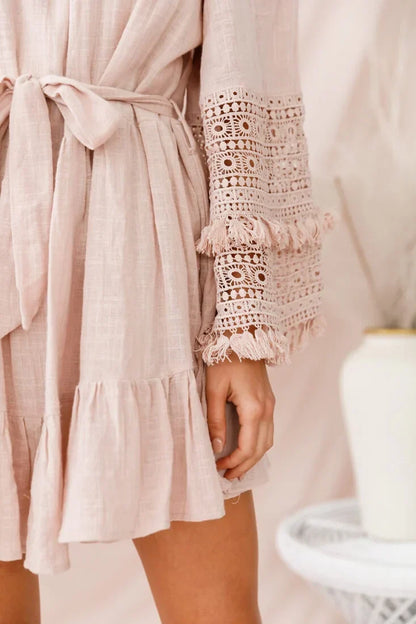 Off Shoulder Bell Sleeve Crochet Trim Tie Waist Blush Pink Mini Dress