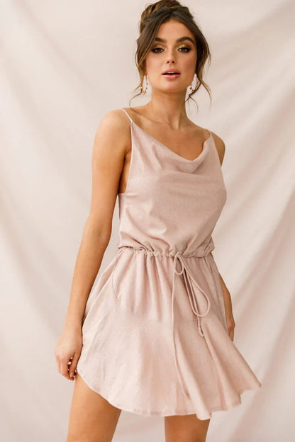 Spaghetti Strap Cowl Neck Drawstring Flared Champagne Mini Dress