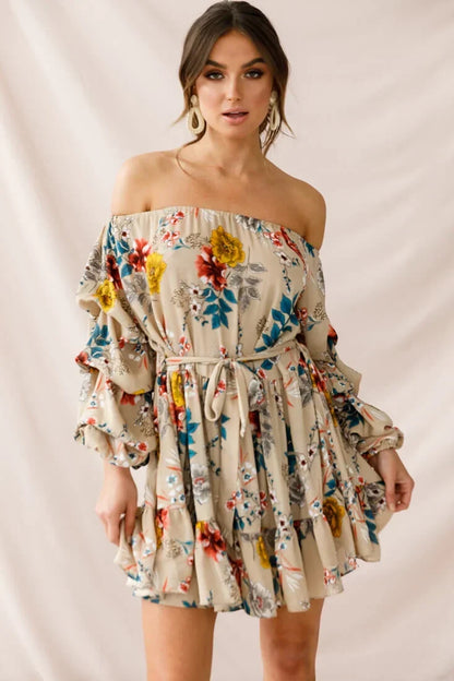 Off Shoulder Bishop Sleeve Floral Tie Waist Beige Mini Dress