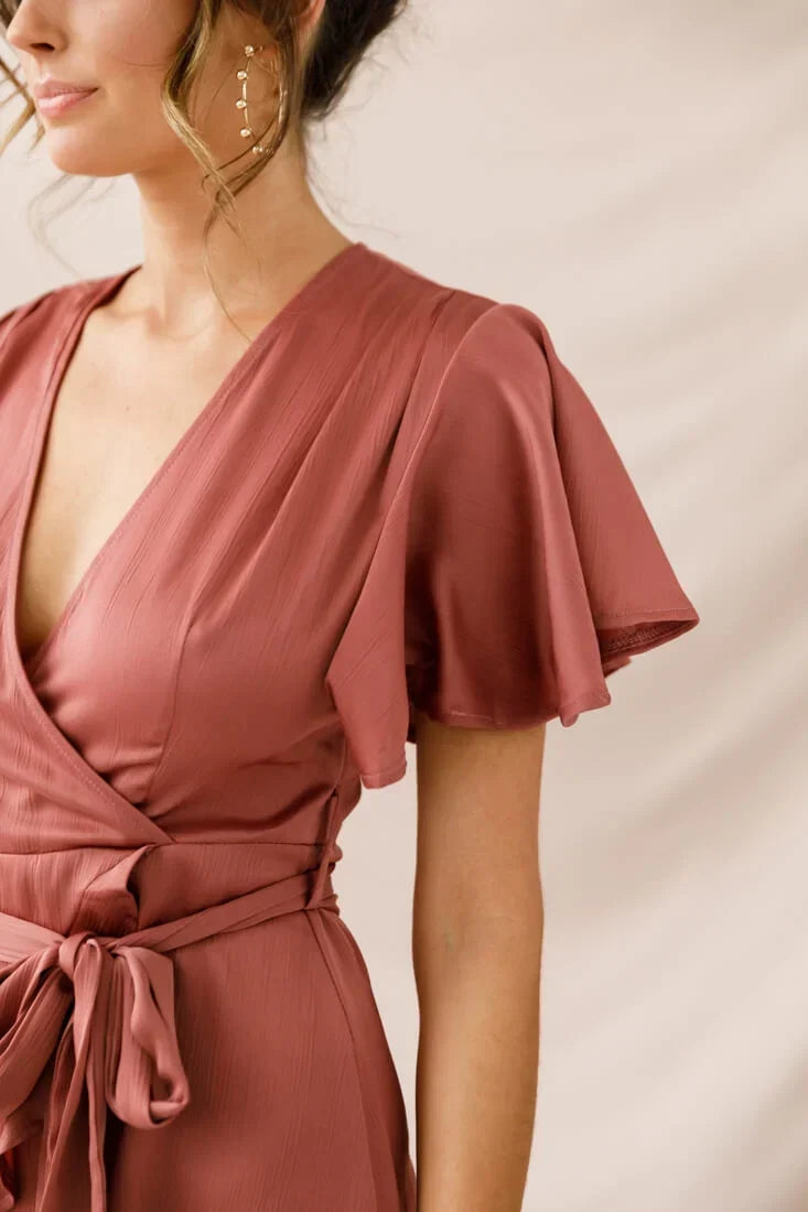 V Neck Flutter Sleeve Faux Wrap Tie Waist Rose Mini Dress