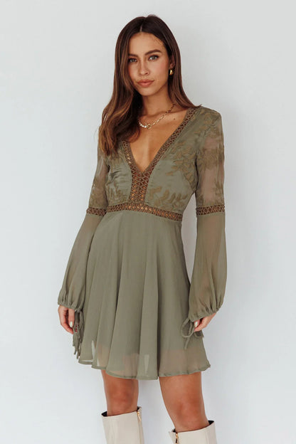 Plunge Long Sleeve Crochet Trim Flared Olive Mini Dress