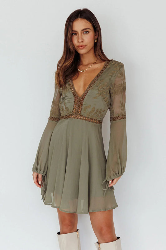 Plunge Long Sleeve Crochet Trim Flared Olive Mini Dress