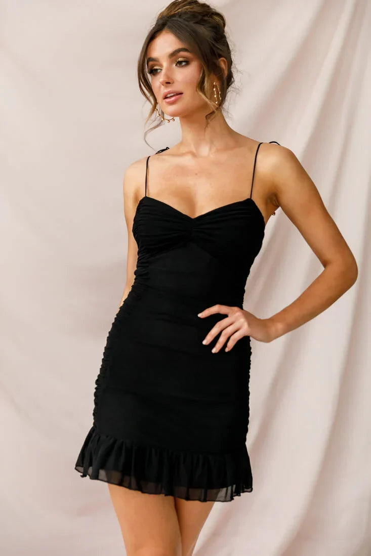 Spaghetti Strap Sweetheart Ruched Mesh Ruffle Black Mini Dress