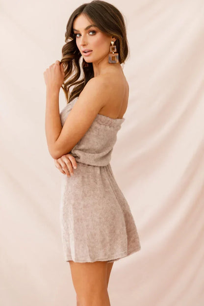 Strapless Terry Cloth Drawstring Beige Romper