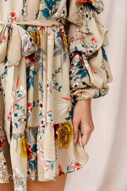 Off Shoulder Bishop Sleeve Floral Tie Waist Beige Mini Dress