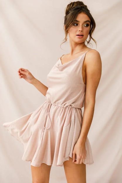 Spaghetti Strap Cowl Neck Drawstring Flared Champagne Mini Dress