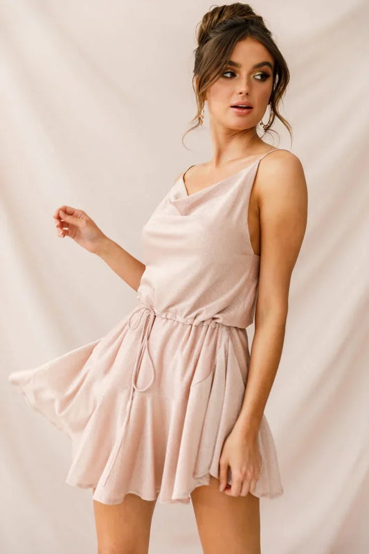 Spaghetti Strap Cowl Neck Drawstring Flared Champagne Mini Dress