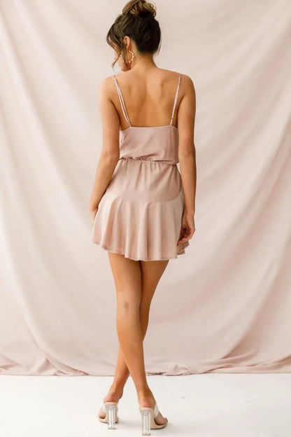 Spaghetti Strap Cowl Neck Drawstring Flared Champagne Mini Dress