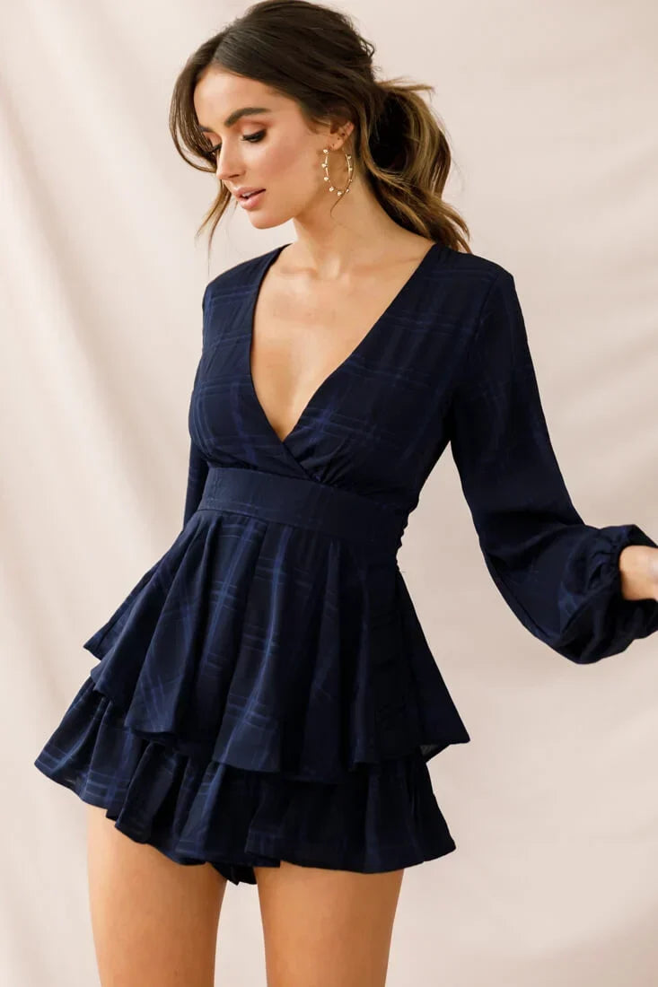 Long Sleeve Plunge Tiered Ruffle Navy Romper