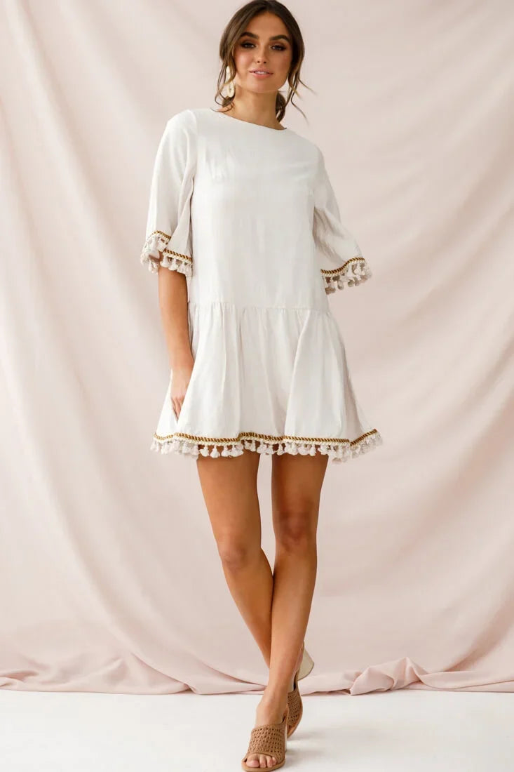 Bell Sleeve Tassel Trim Drop Waist Beige Mini Dress