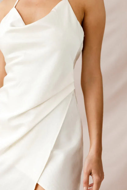 Spaghetti Strap Cowl Neck Wrap Asymmetric White Mini Dress