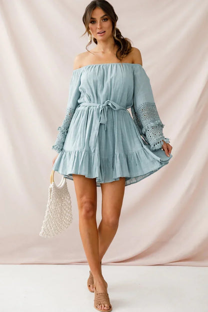 Off Shoulder Bell Sleeve Crochet Trim Tie Waist Sage Mini Dress