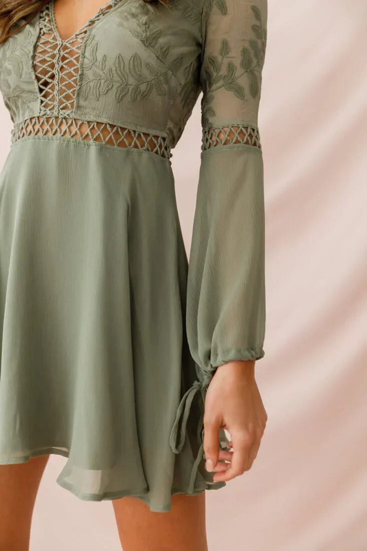 Plunge Long Sleeve Crochet Trim Flared Olive Mini Dress