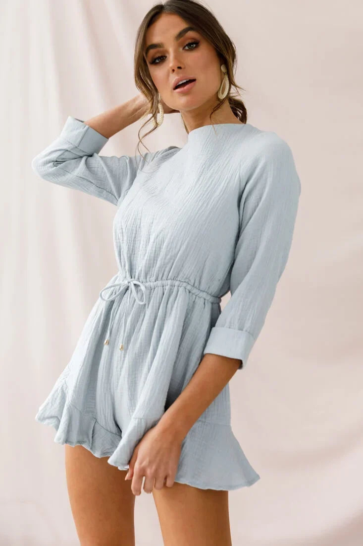 Three Quarter Sleeve Drawstring Textured Grey Romper