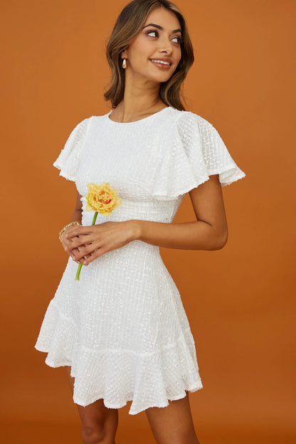 Flutter Sleeve Sequin Tweed Empire White Mini Dress