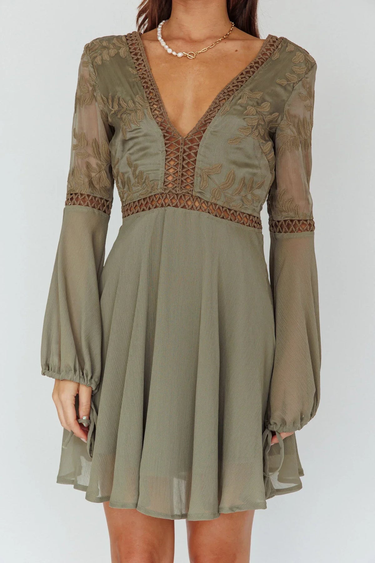 Plunge Long Sleeve Crochet Trim Flared Olive Mini Dress