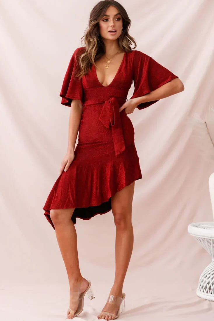 V Neck Flutter Sleeve Tie Waist Asymmetric Red Midi Dress