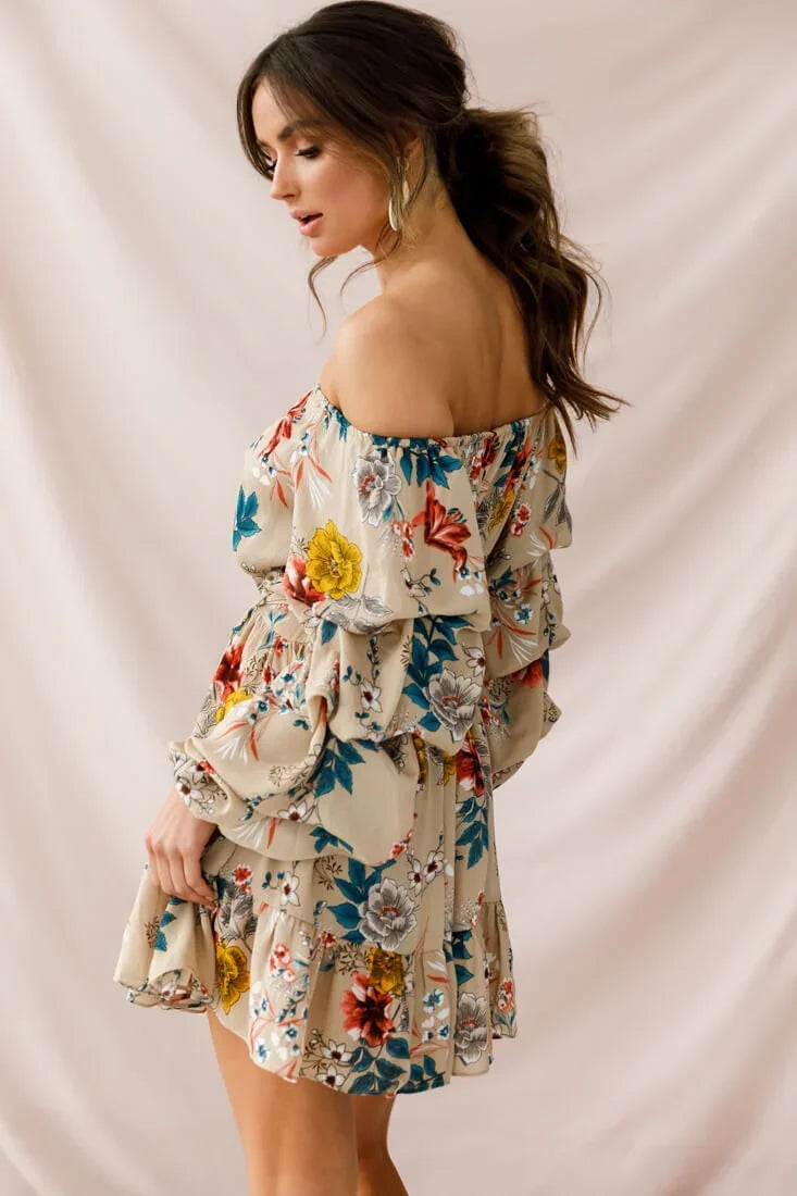 Off Shoulder Bishop Sleeve Floral Tie Waist Beige Mini Dress