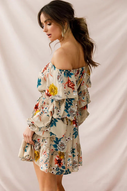 Off Shoulder Bishop Sleeve Floral Tie Waist Beige Mini Dress