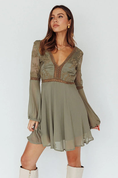 Plunge Long Sleeve Crochet Trim Flared Olive Mini Dress
