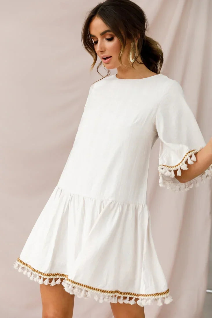 Bell Sleeve Tassel Trim Drop Waist Beige Mini Dress