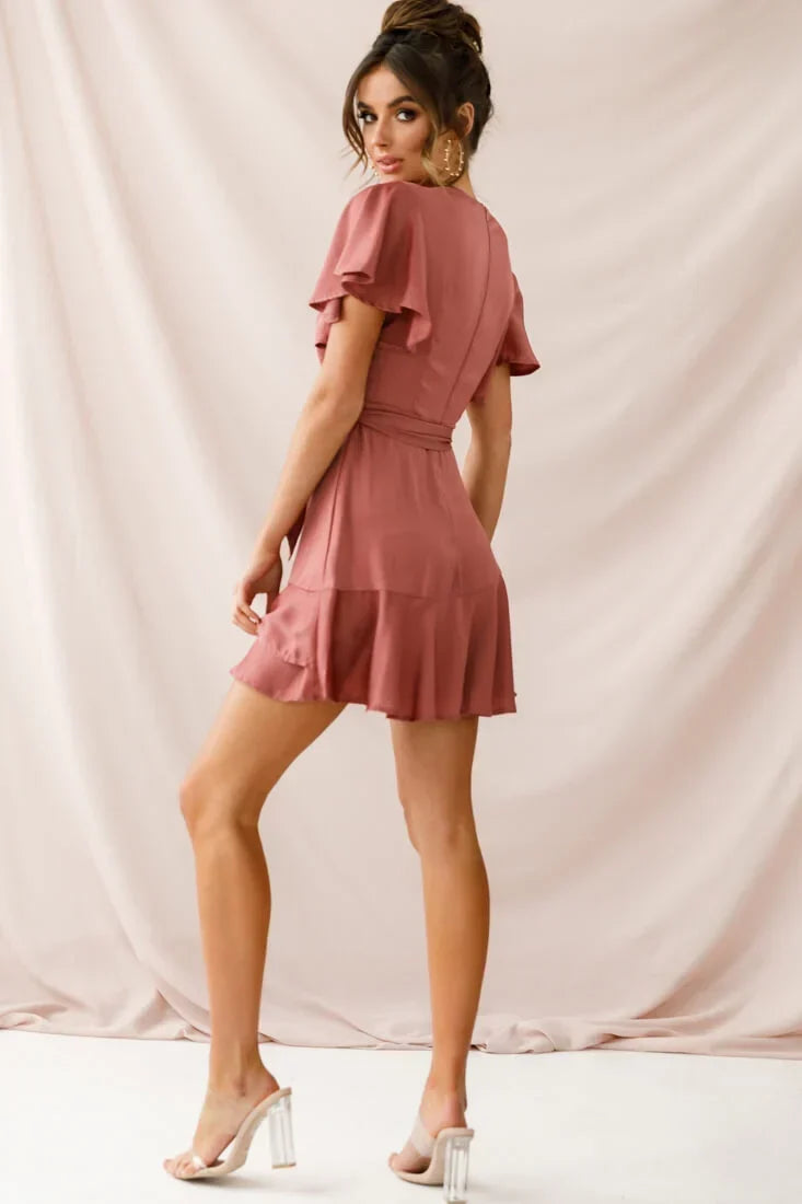 V Neck Flutter Sleeve Faux Wrap Tie Waist Rose Mini Dress
