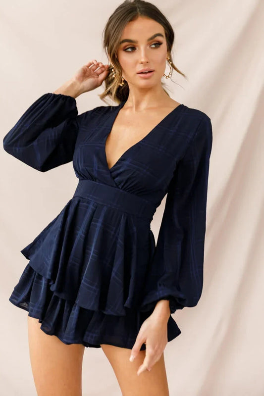 Long Sleeve Plunge Tiered Ruffle Navy Romper