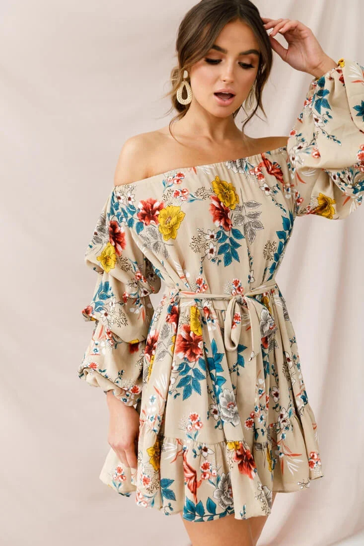 Off Shoulder Bishop Sleeve Floral Tie Waist Beige Mini Dress