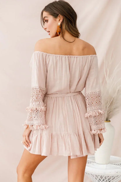 Off Shoulder Bell Sleeve Crochet Trim Tie Waist Blush Pink Mini Dress