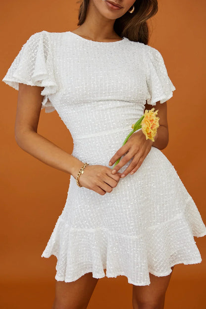 Flutter Sleeve Sequin Tweed Empire White Mini Dress