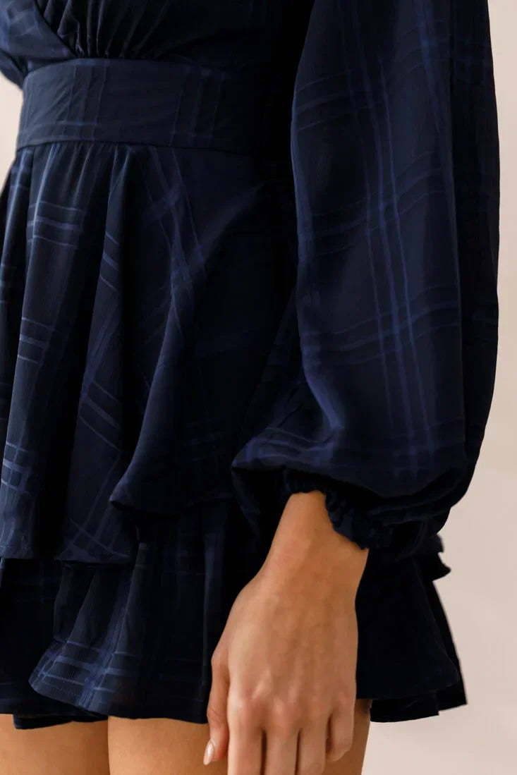 Long Sleeve Plunge Tiered Ruffle Navy Romper