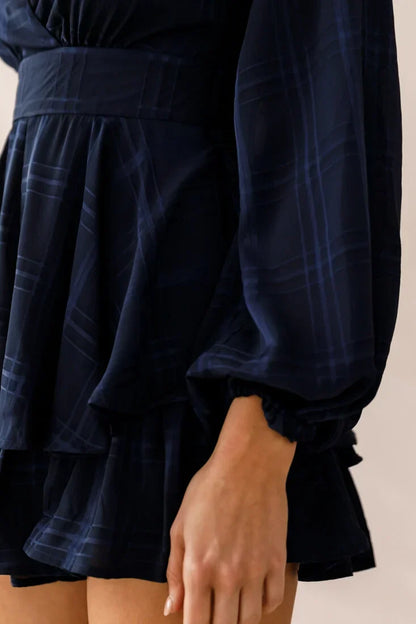 Long Sleeve Plunge Tiered Ruffle Navy Romper