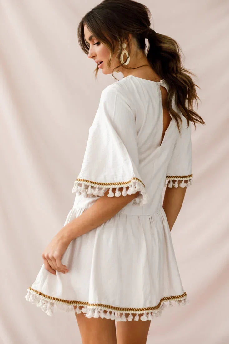 Bell Sleeve Tassel Trim Drop Waist Beige Mini Dress