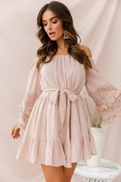 Off Shoulder Bell Sleeve Crochet Trim Tie Waist Blush Pink Mini Dress
