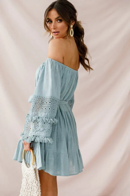 Off Shoulder Bell Sleeve Crochet Trim Tie Waist Sage Mini Dress