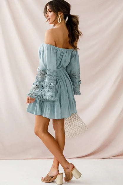 Off Shoulder Bell Sleeve Crochet Trim Tie Waist Sage Mini Dress