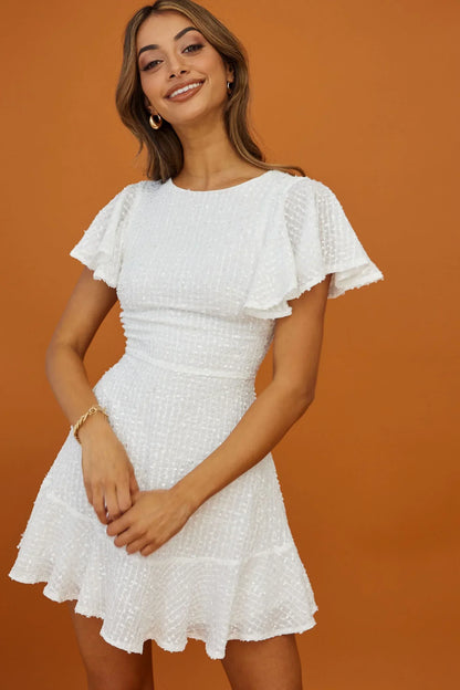 Flutter Sleeve Sequin Tweed Empire White Mini Dress