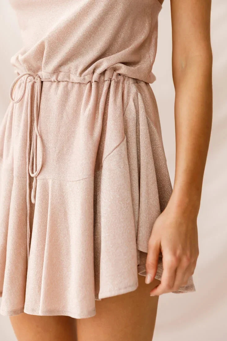 Spaghetti Strap Cowl Neck Drawstring Flared Champagne Mini Dress