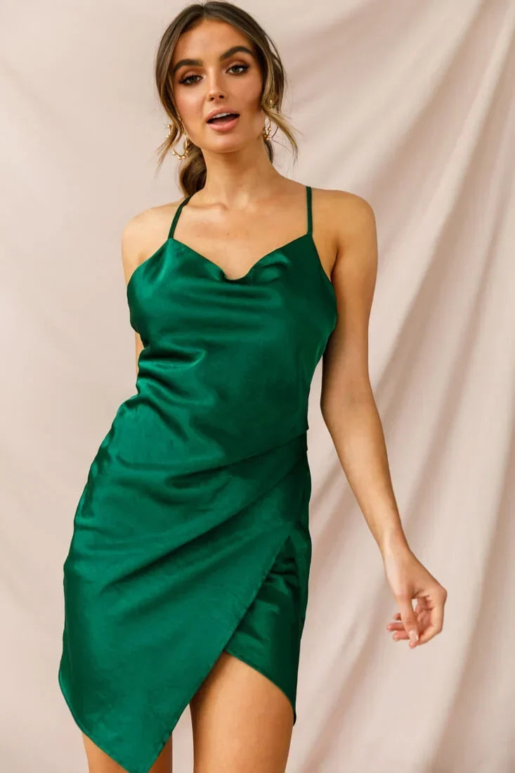 Spaghetti Strap Cowl Neck Satin Wrap Forest Green Mini Dress